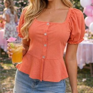 Square Neck Puff Sleeve Peplum Top in Coral